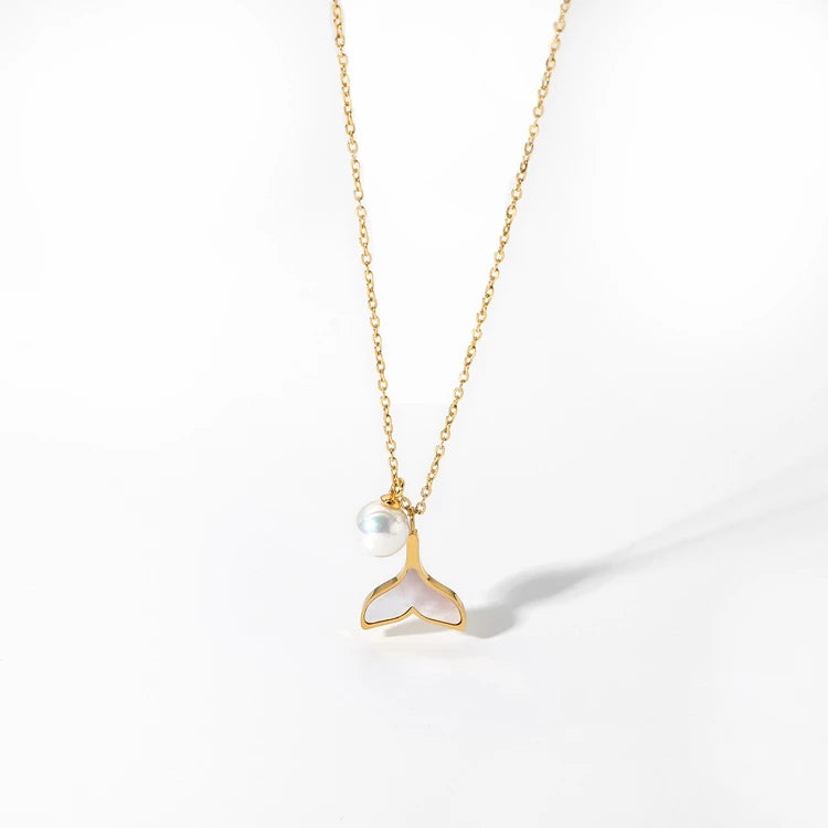 Korean Design Women 18K Gold Chain Stainless Steel Jewelry Shell Mermaid Tail Pearl Pendant Necklace for Ladies Gift