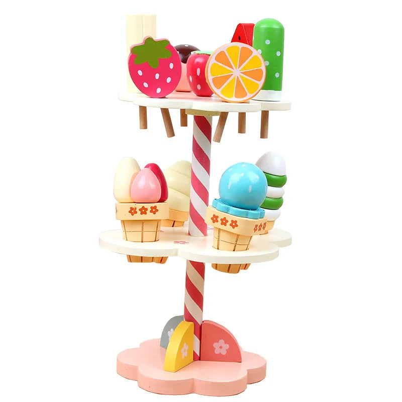 WEI WEI TIGER Children's Simulation Play House Kitchen Strawberry Ice Cream Three-tier Tower Educational Wooden Toys Ages 2-13