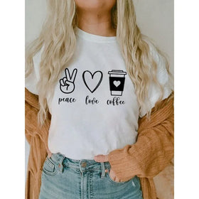 Wholesale Cheap Women's Top Leopard Print Pattern Peace and Love Coffee T-shirt Street Dress Casual O-Neck Girl's Sexy T-Shirt