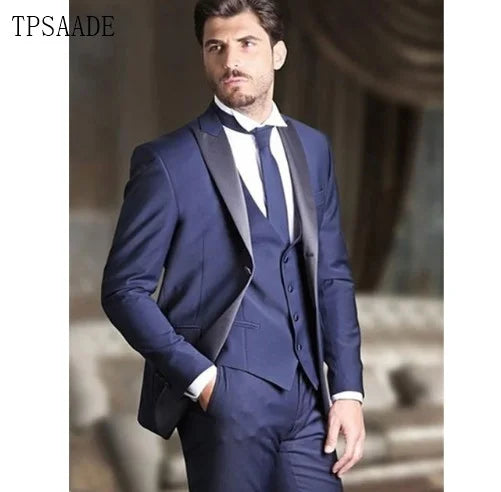 New Fashion Royal Blue Men SuitsThree Piece Coat Pant Peaked Lapel Men Suit WF666