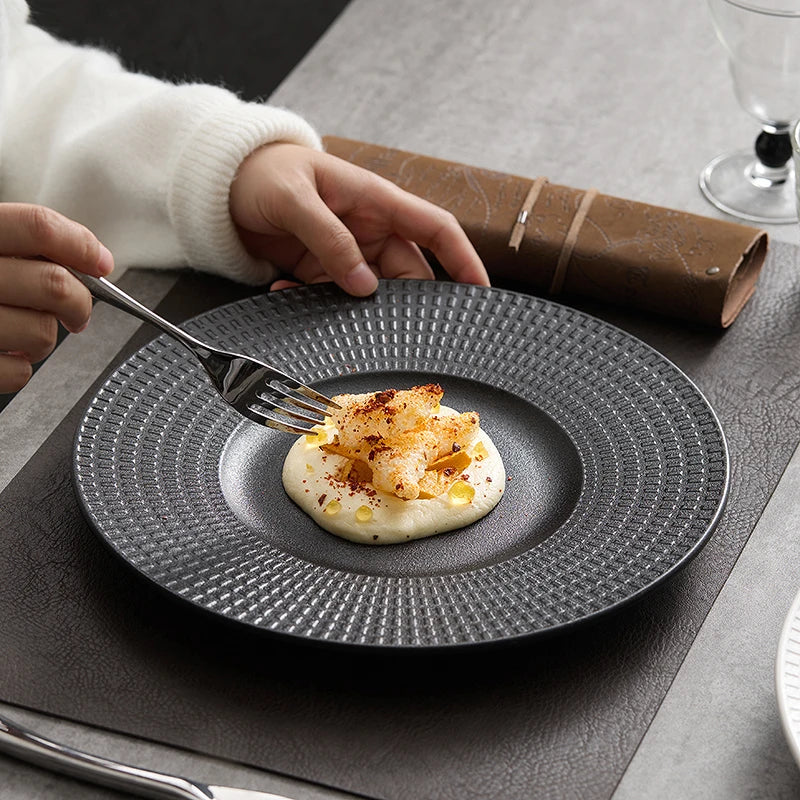 Creative Relief Texture Ceramic Dinner Plate Elegant Embossed Porcelain Serving Dish for High End Hotels