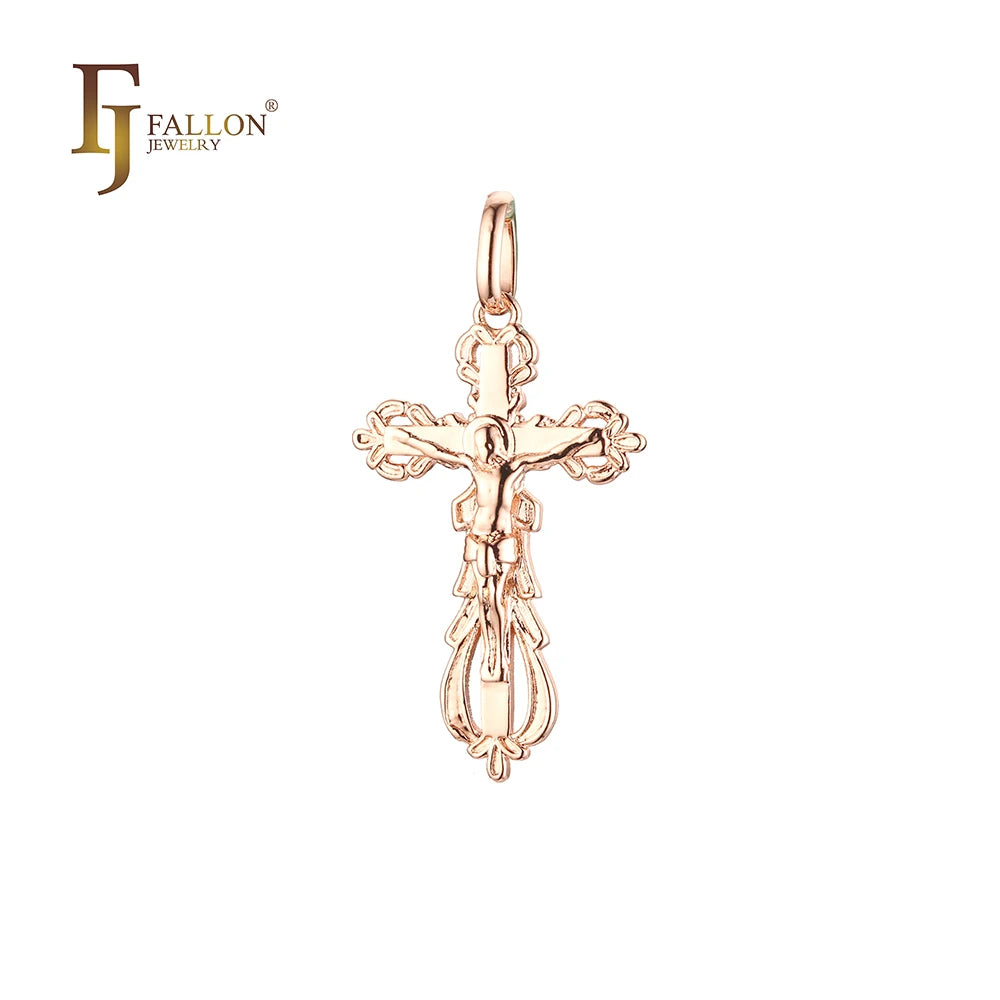 FJ Fallon Fashion Jewelry Catholic Cross Budded Pendant Plated in Rose Gold Brass Based
