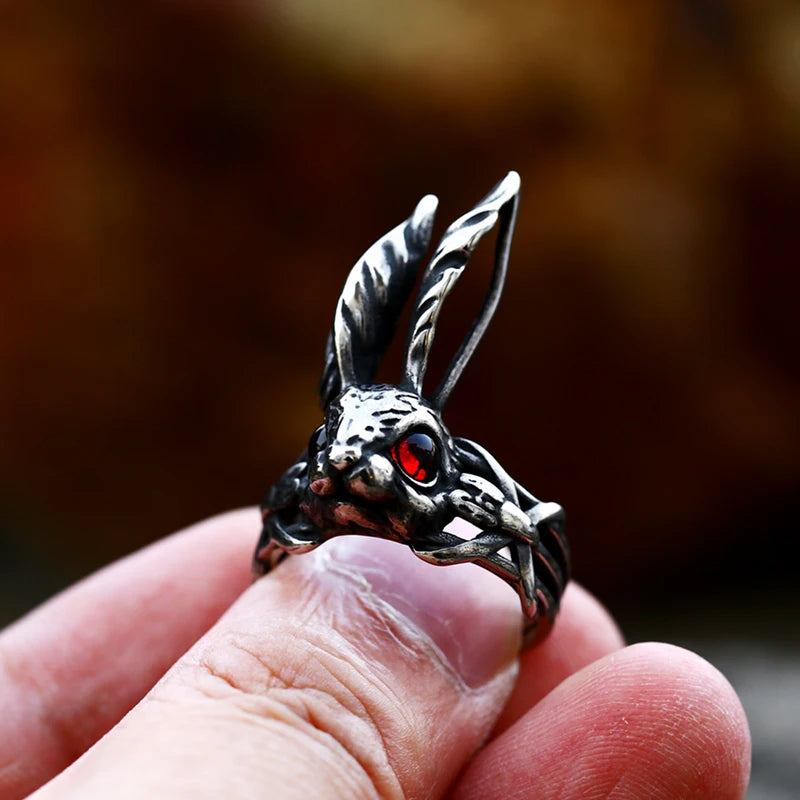 SS8-856R Stainless Steel Wholesale Unique Animal Jewelry Retro Punk Fashion Big Ear Carrot Shape Rabbit Ring for Women
