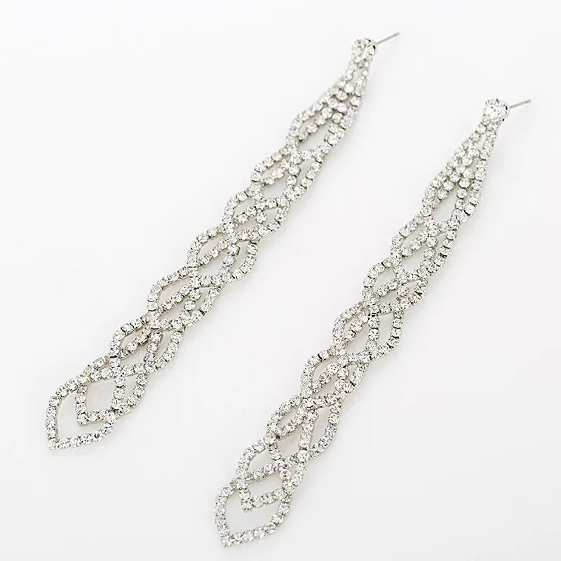 Trendy Fancy Silver Female Geometric Vimineous Crystal Chandelier Rhinestone Earrings Fashionable Hollow out Design