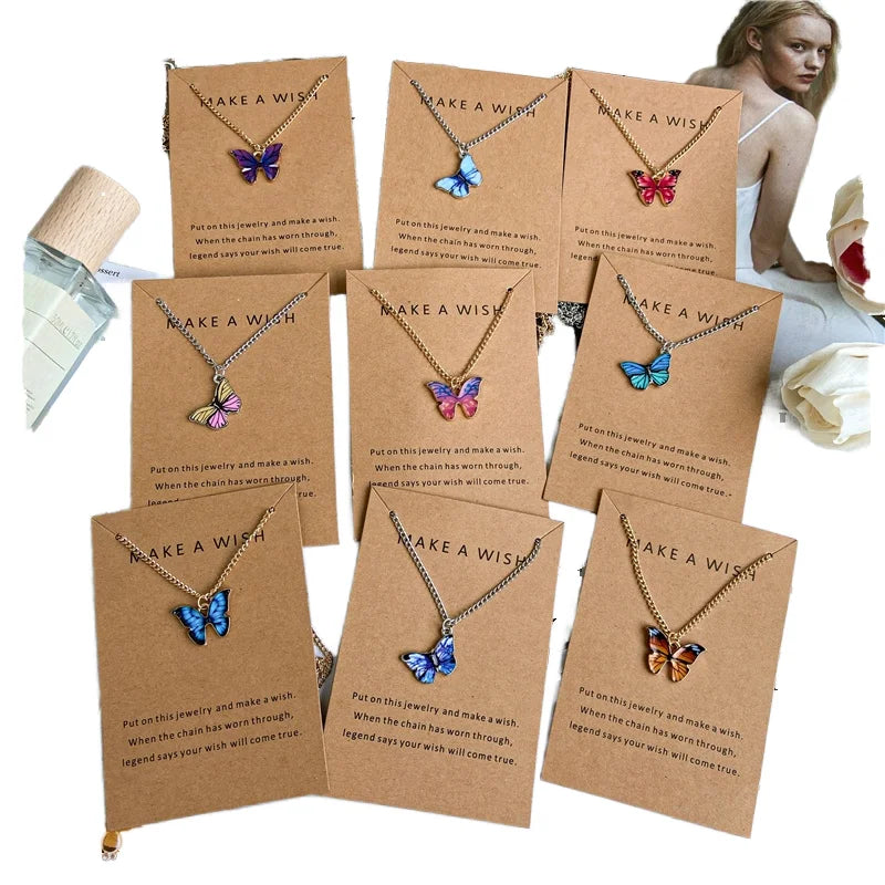 Classic Trendy Gold-Plated Butterfly Pendant Necklace for Women Thin Chain Diamond Pearl Stone Multiple Anniversaries Alloy