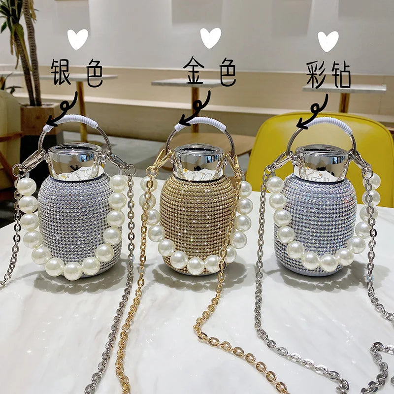 Fashion Girl Creative DIY Portable Handle Crystal Rhinestone Diamond Bling Bling Stainless Steel Vacuum Thermos Big Belly Bottle