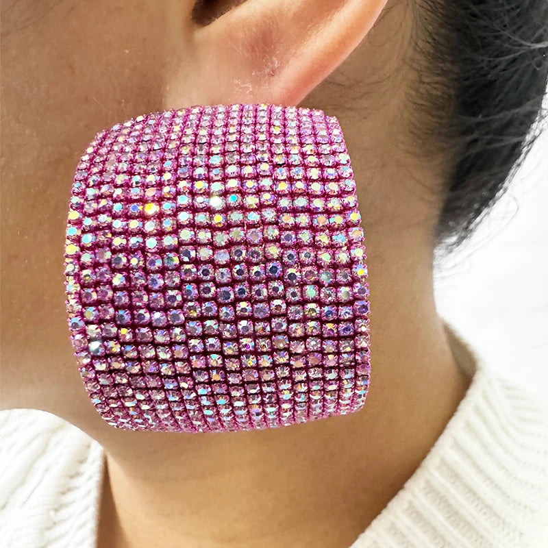 2025 New Arrival Luxury AB Geometrical Gold Earrings Punk Hip Hop Style Full Diamond Crystal Studs Fashionable Chunky Hoop