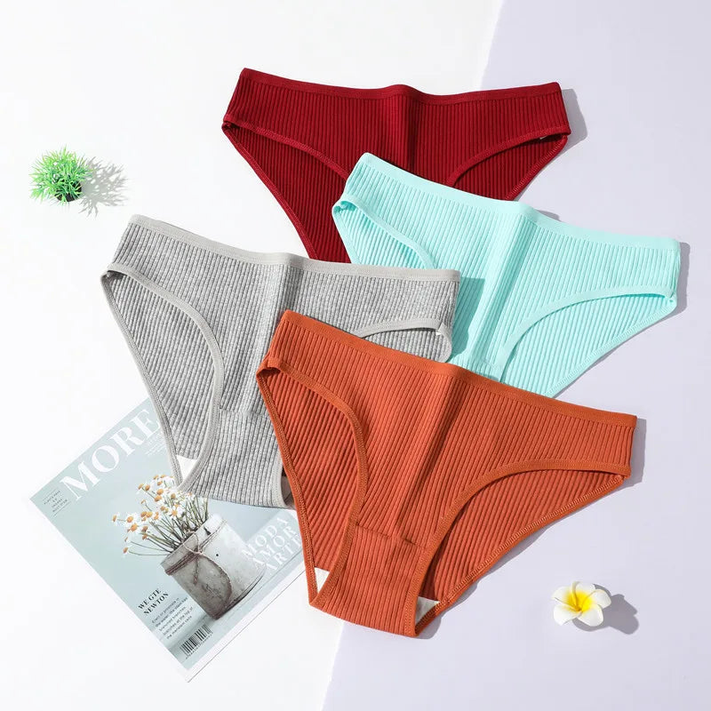 Wholesale Solid Color Ribbed Pure Cotton Women's Briefs and Girls Panties Low-Rise Thongs and Bikini Comfortable Breathable