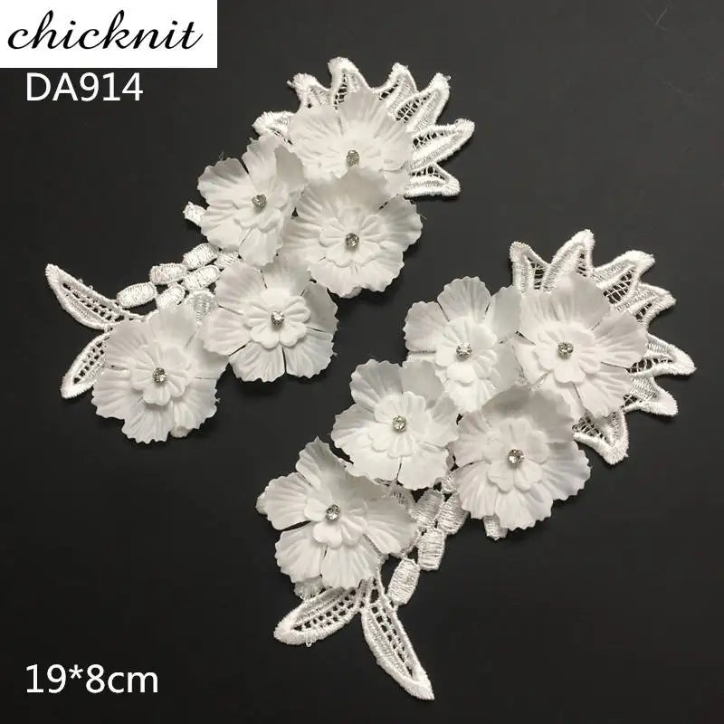 Customizable 3D Embroidery White  Patch Chenille Lace Applique With Diamond for Wedding Dress Decoration Shoe Usage-DA914