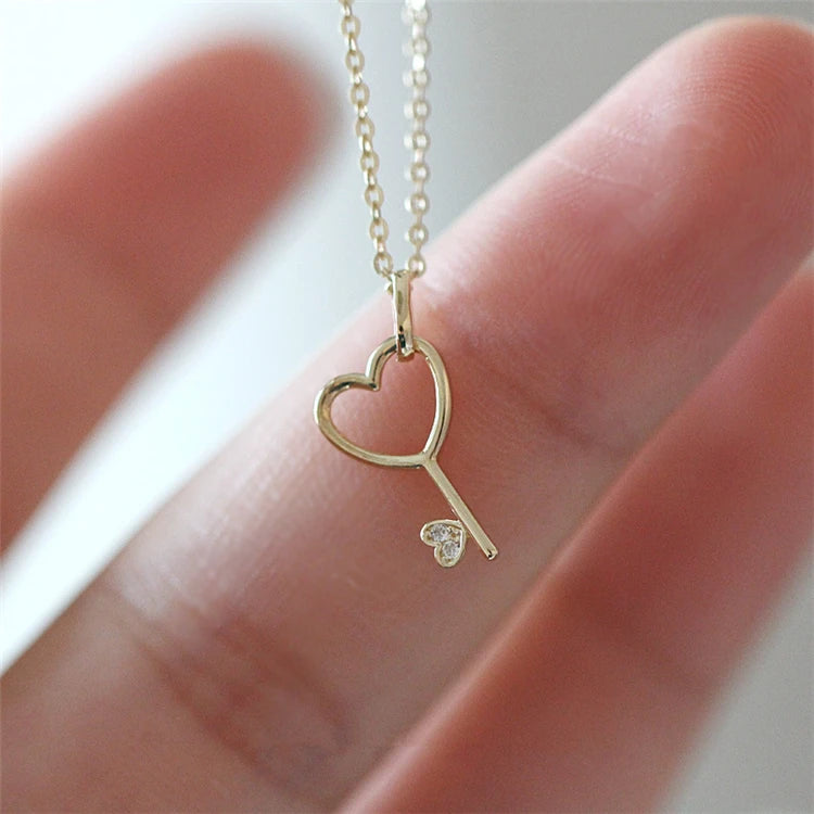S925 Silver 14K Gold Plated CZ Small Vintage Key Pendant Necklace for Women