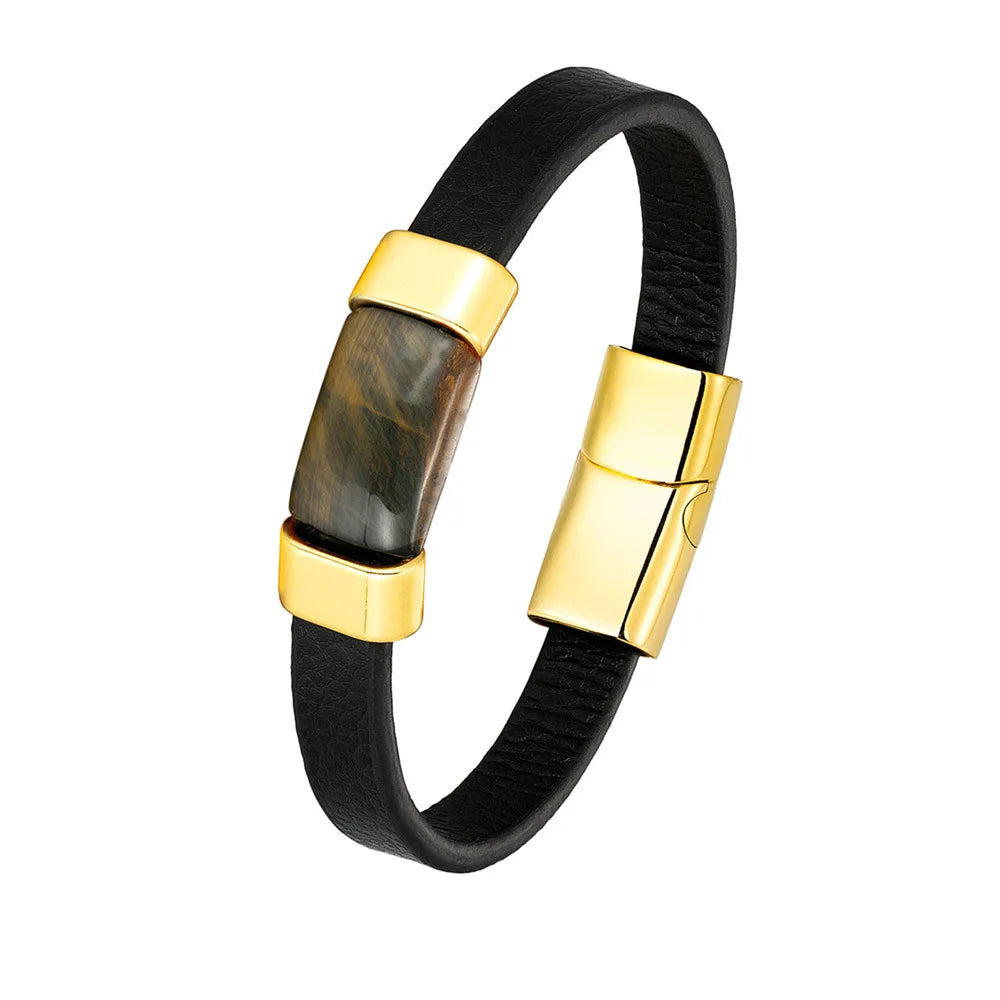 Wholesale Genuine Gold Leather Men's Bead Chakra Bracelets Natural Stone Stainless Steel Magnetic Clasp Fashion Bangles