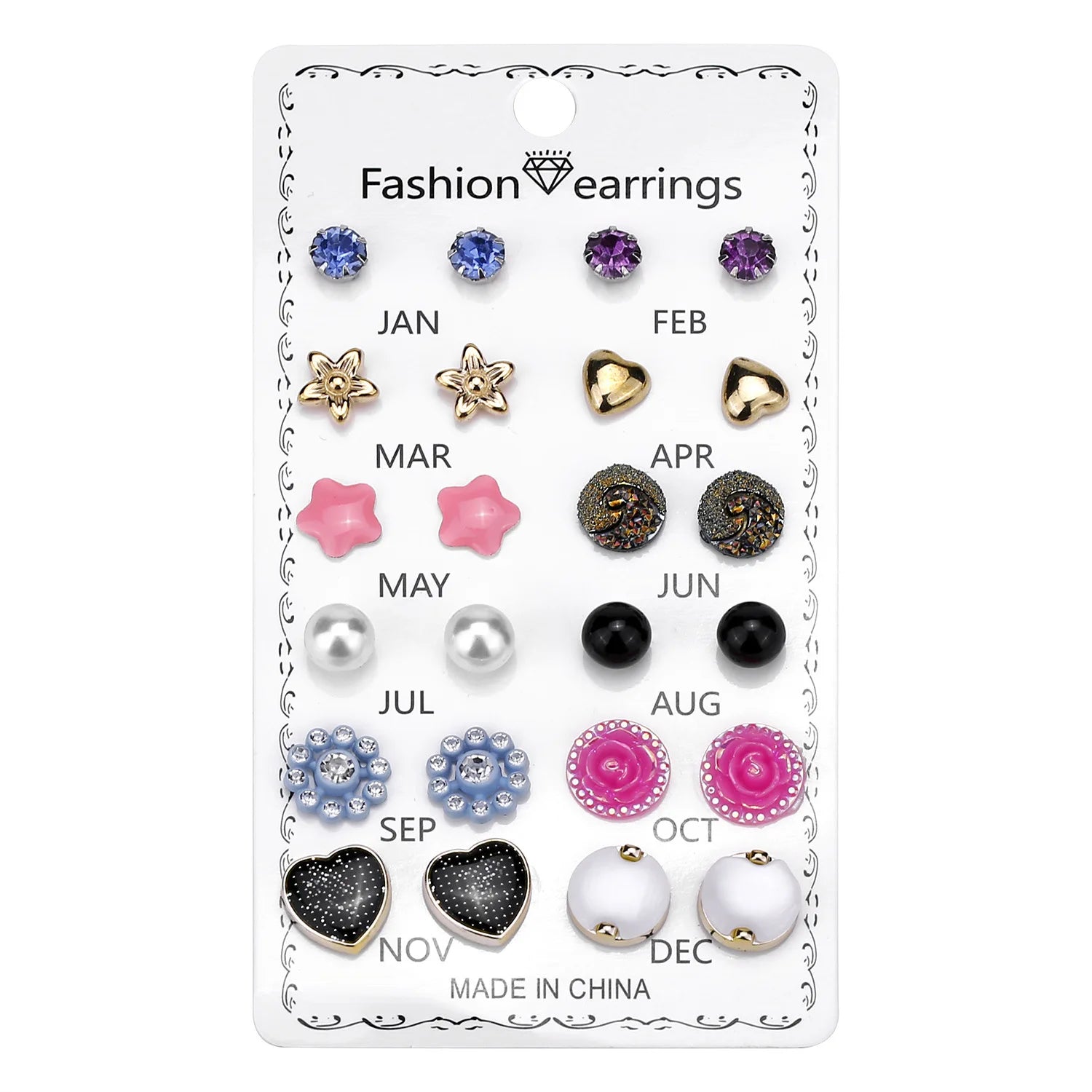 Fashion Charm Small Druzy Ball Pearl Heart Star Flower Rhinestone Crystal Zircon Stud Earring Set Jewelry for Women