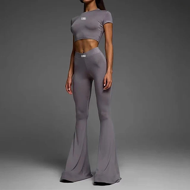 F230404 2025 Custom Wide Flare Yoga Pants Woman Sport Tank Top Loose High Waist Pants Yoga Set Gym Workout Sets for Women
