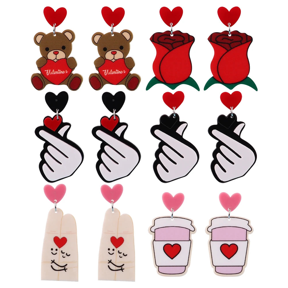 2025 Valentine's Day New Trendy Romantic Rose Bear Letter Love Gesture Acrylic Earrings for Couple Dating