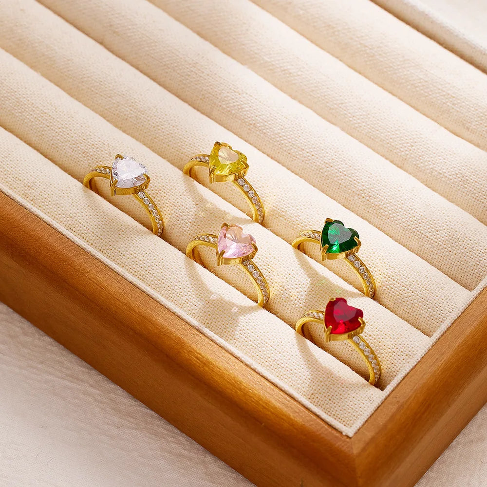 Beimai OEM Heart Titanium Steel Colored Zircon Ring