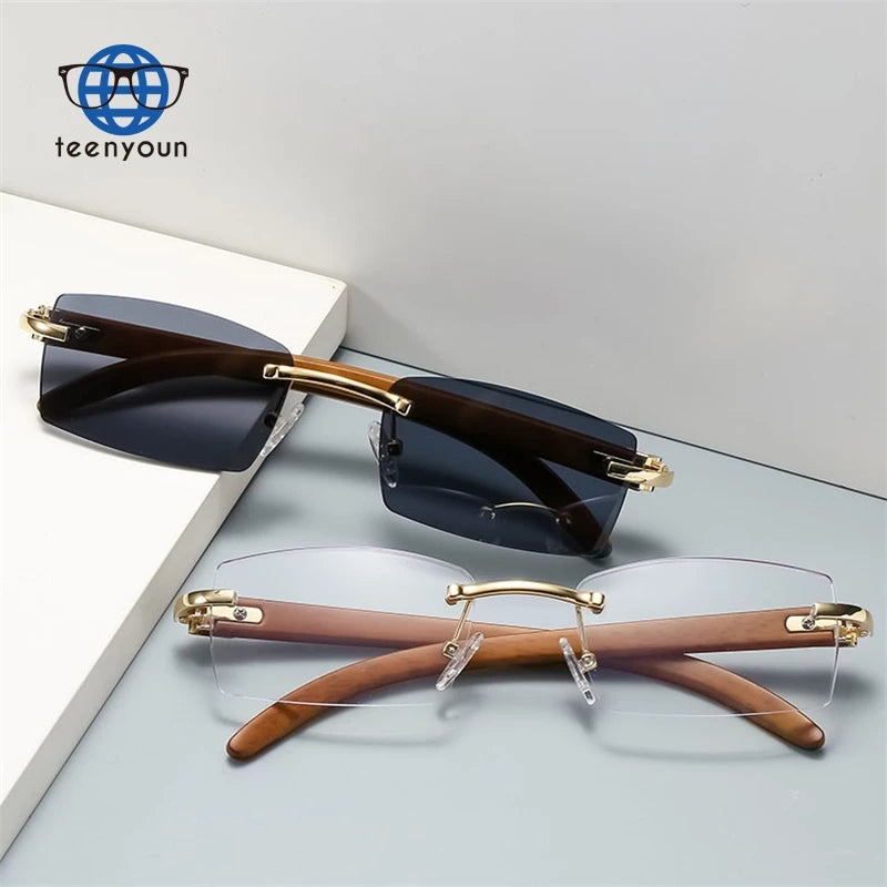 Teenyoun Men Custom Logo Wood Grain Color Buffalo Horn Rectangle Square Sun Glasses Rimless Sunglasses River Gafas De Sol
