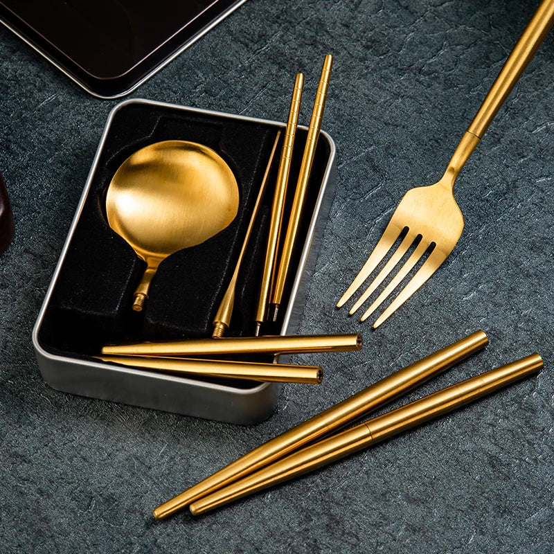 Detachable Gold Matte Cutlery Pocket-Sized Portable Foldable Cutlery Set with Tin Case