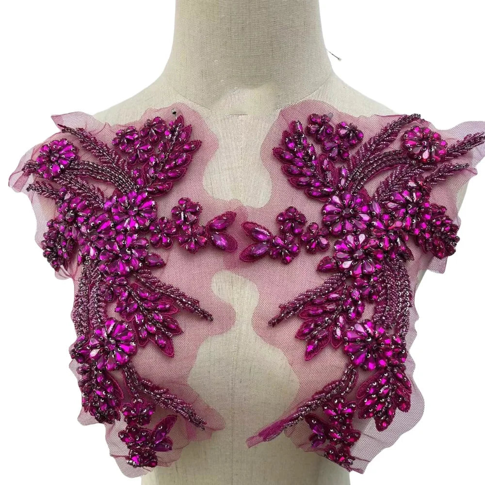 Hot Sale Bridal Crystal Patch Fuchsia Rhinestone Bodice Beaded Applique Rose Gold for Sash Shoulder Dress