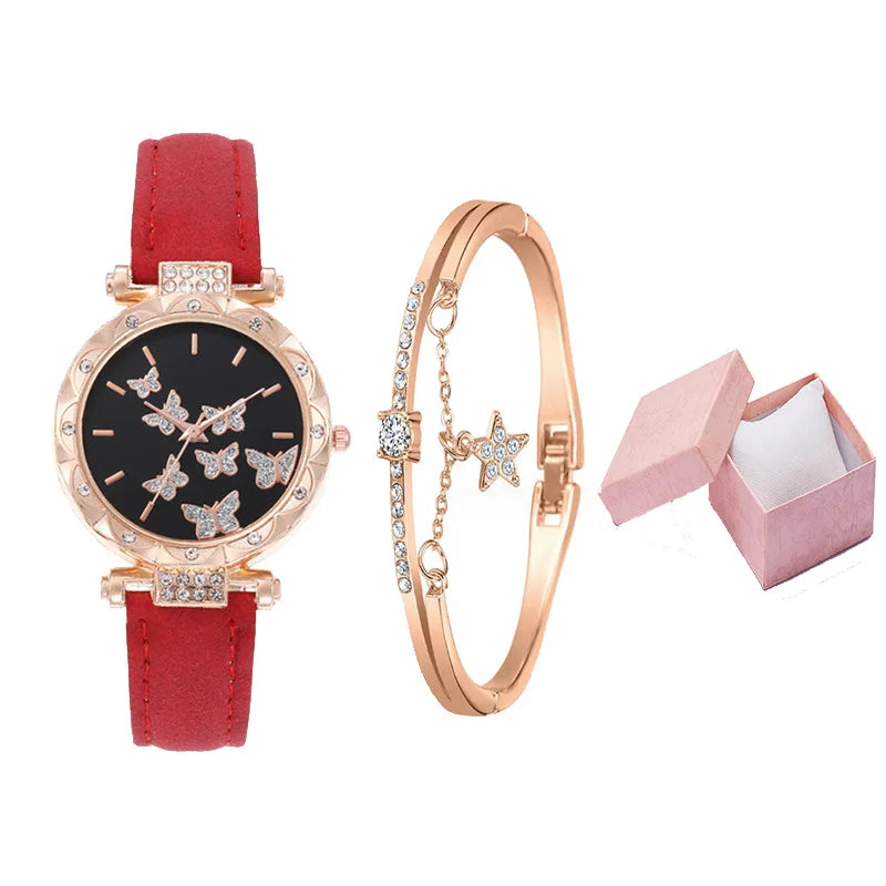 2023 Hot Selling New 5pcs/set Women's Fashion Diamonds Fresh Butterfly Versatile Jewelry Set Wrist Watch