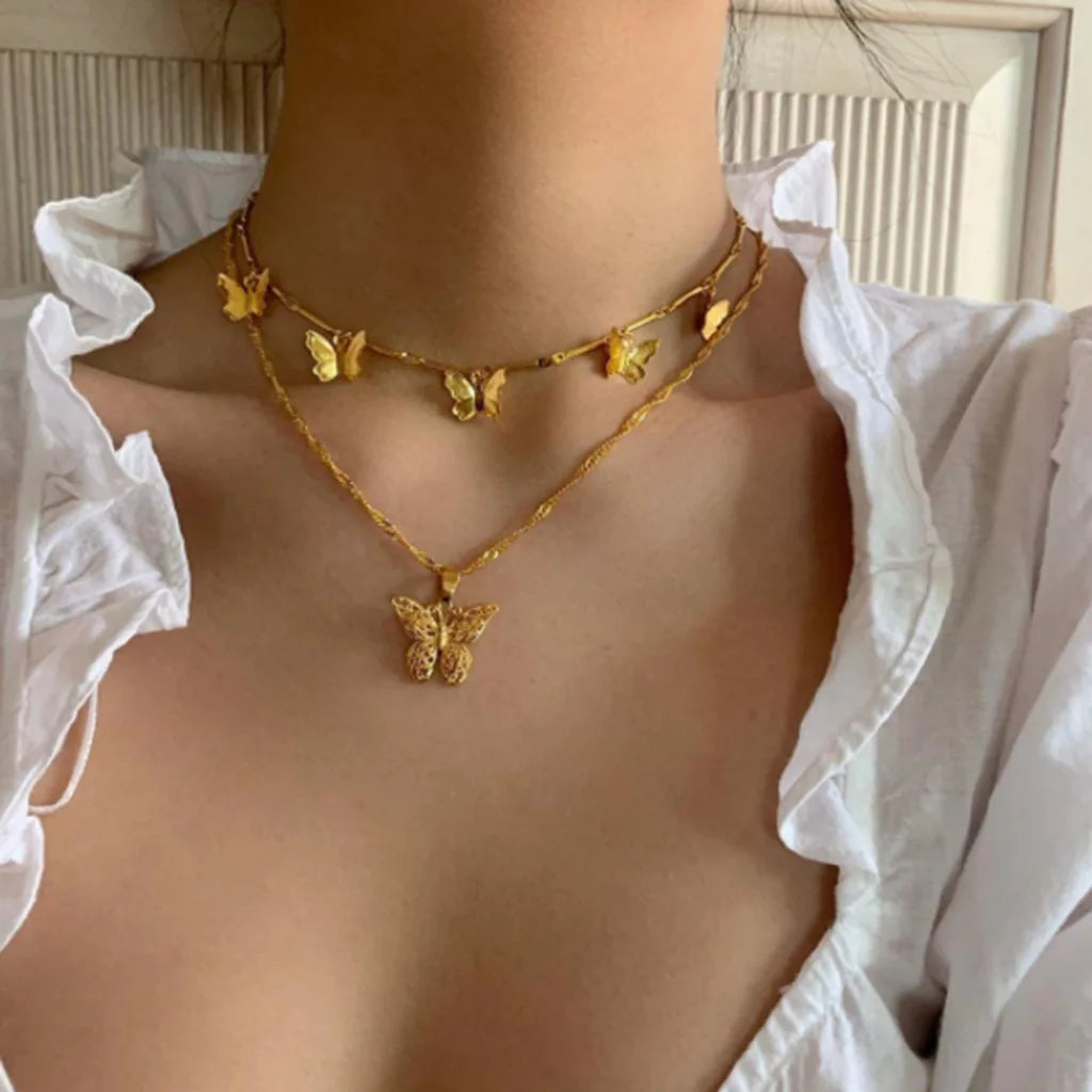 2 Pcs/set Fashion Butterfly Choker Necklace Gold Plated Double Layer Butterfly Necklace