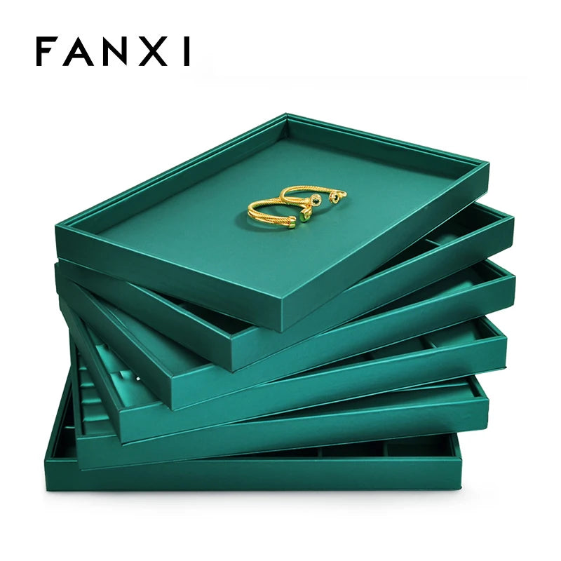 FANXI New Upscale Green PU Leather Jewelry Display Tray with Customizable Color & Logo 35x24x3.3cm