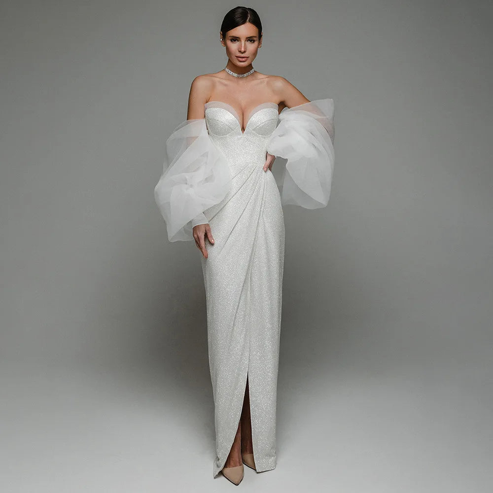 Ocstrade Ropa De Verano Vestidos Luxury Strapless Evening Dress Puff Sleeves Front Split Maxi Elegant Evening Dress