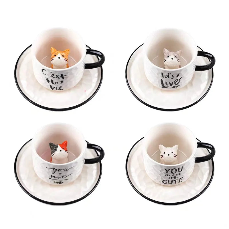 Hot Style 220ml Creative Cup Ceramic Glaze Cartoon Cat Ceramic Cup 3D Relief Animal Ceramic Cat Cup with Tray