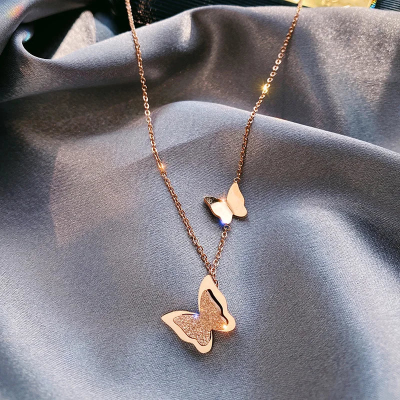 18k Gold Plated Stainless Steel Double Chain Necklace Simple Butterfly Pendant for Women Girls