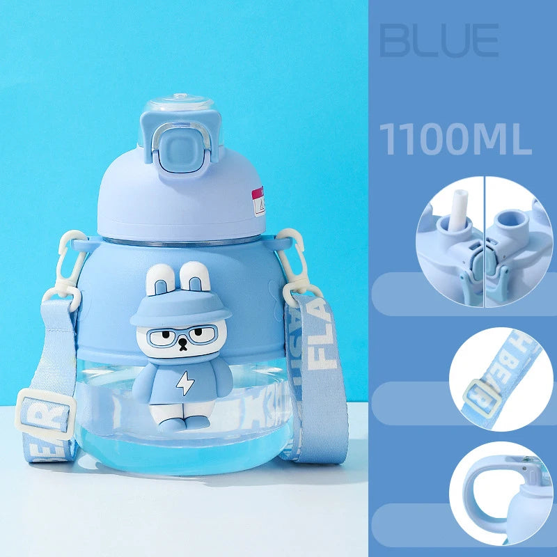 1100ml Portable Plastic Kids Water Bottle Cute Cartoon Doll Plastic Straw Cup Big Belly Cup