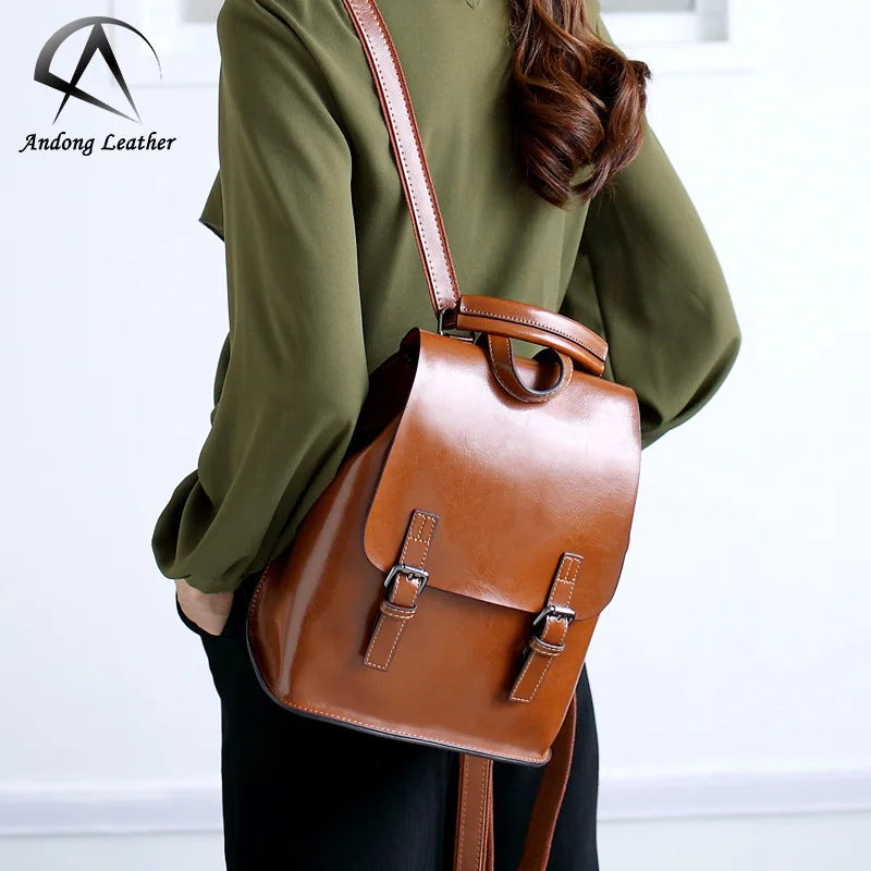 AndoBag Genuine Cow Leather Fashion Travel Backpack for Women Girls New High Capacity Backpacks Women's Outdoor