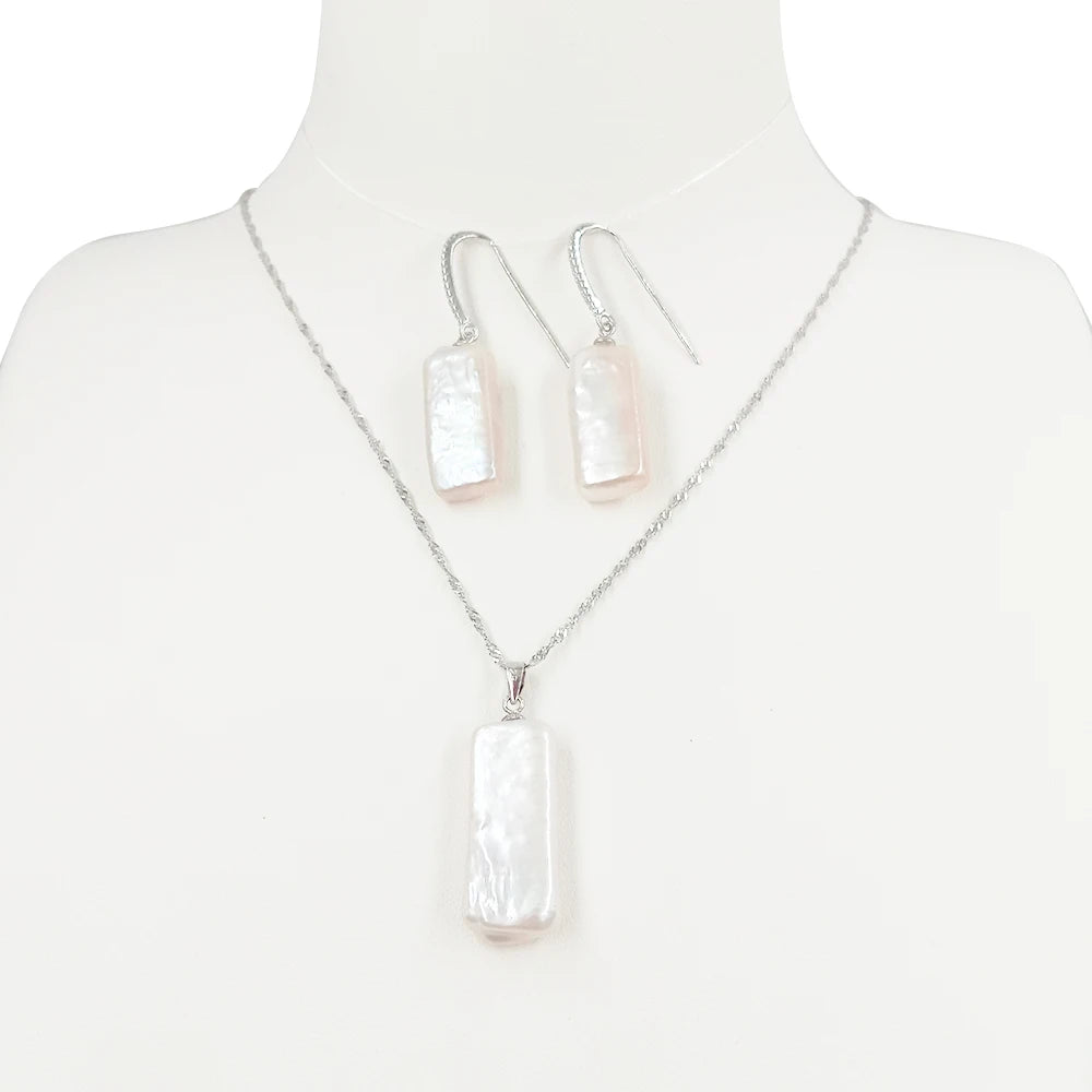 925 Silver Freshwater Pearl Jewelry Set with Rectangle Baroque Shape 10x25mm Available in White Pink Purple Colors
