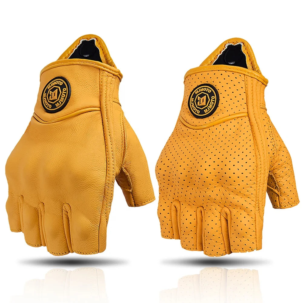 Summer Yellow Motorcycle Gloves Fingerless Leather Moto Glove Half Finger Retro Motocross Half Glove Men Women for Riding Racing