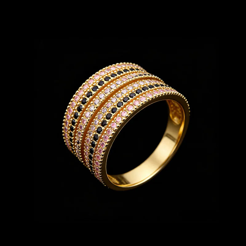 Multi-Color CZ Cubic Zirconia  Paved Stacked Design Brass Party Statement Ring for Evening Events