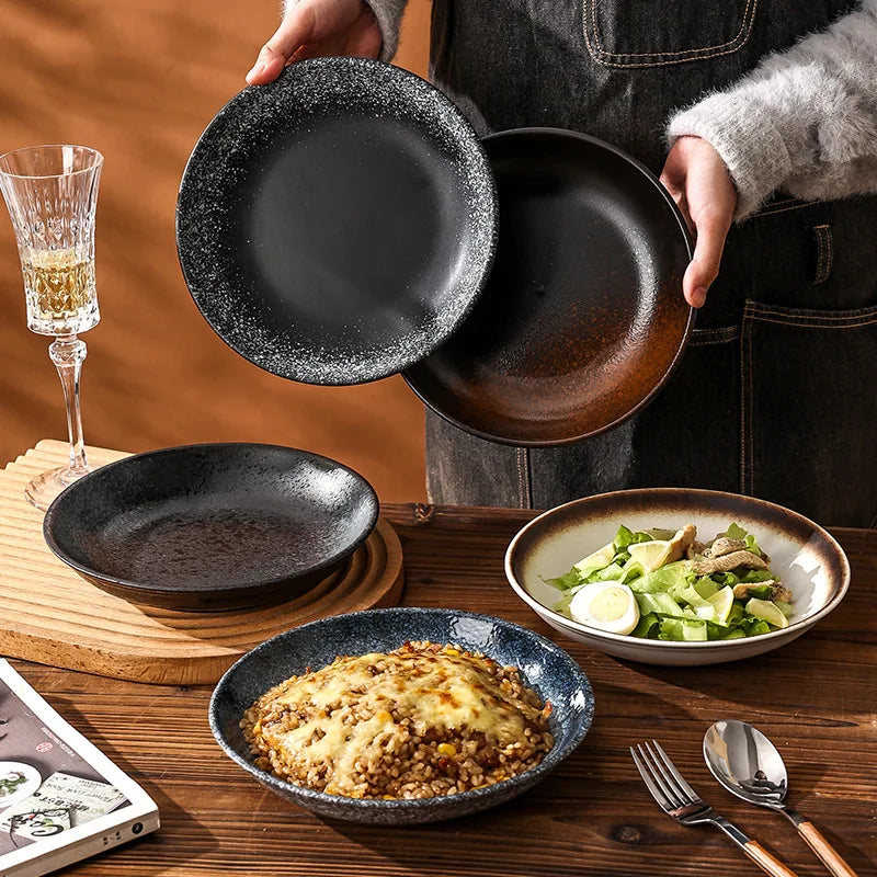 Japanese Style Round Ceramic Baking Pan High Temperature Resistant Creative Microwave Plate Wholesale
