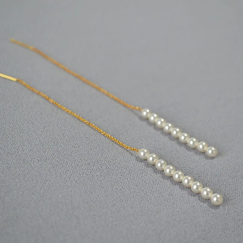 Classic Pearl Jewelry 925 Sterling Silver Needle 18K  Gold Plated Long String Pearls Earrings