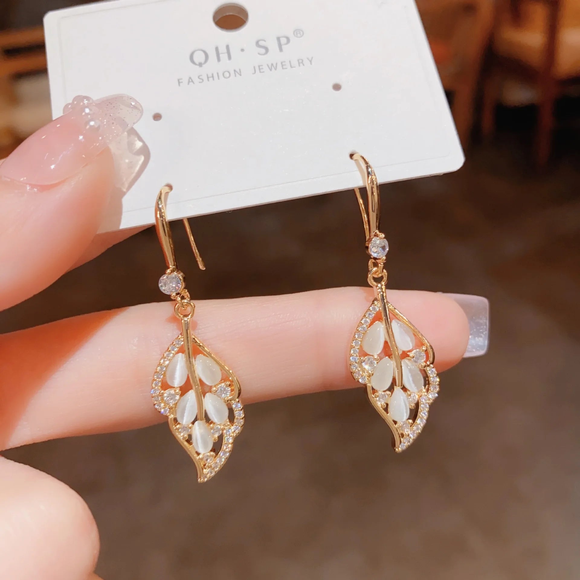 Pendientes Opal Elegant Leaf Dangle Earring Gold-plated Long Earrings for Women Rhinestone Party Pendant Korean Ear Jewelry