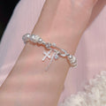 Stylish Minimalist Elegant Delicate Charming Cross Charm Pearl Beaded Bracelet for Women Girls