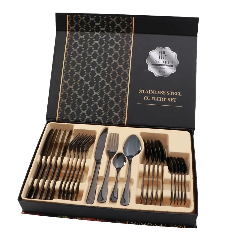 24-Piece Stainless Steel Modern Design Tableware Set Four-Piece Cutlery with Gift Box Including Spoon Fork Dinnerware