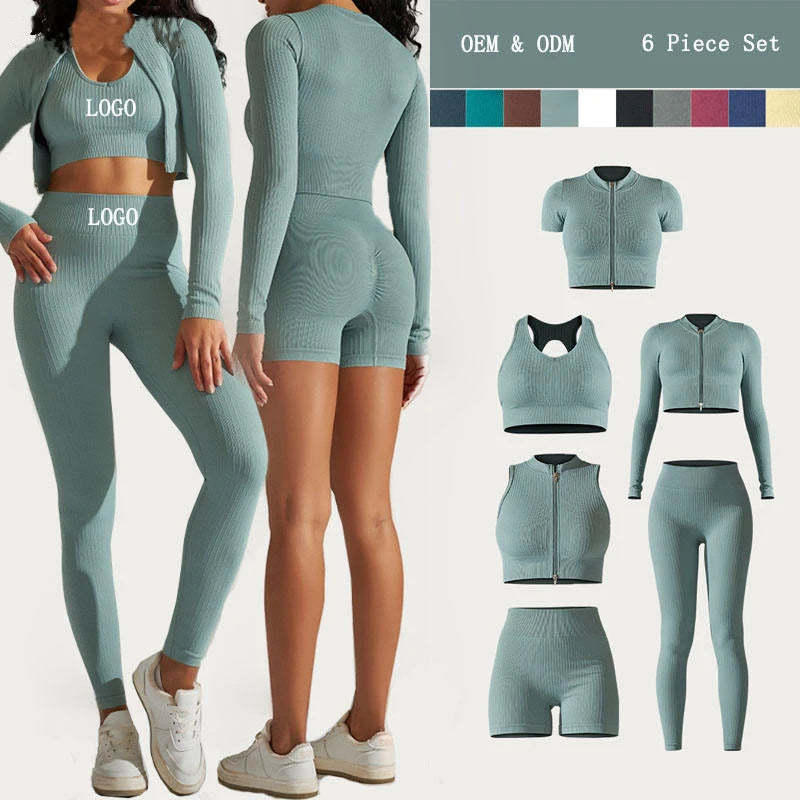 Wholesale Custom Gym High Quality 6 Piece Fitness Yoga Wear Sustainable Gym Wear Workout Clothing Seamless Ribbed Yoga Sets