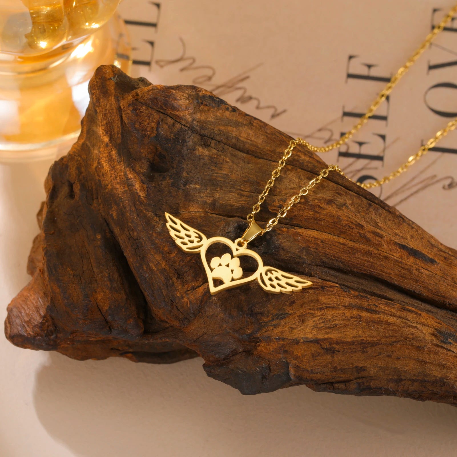 Stainless Steel Angel Heart Hollow Charm Necklace Gold Plated Paw Animal Footprint Pendant Necklace Jewelry Gifts for Women Girl