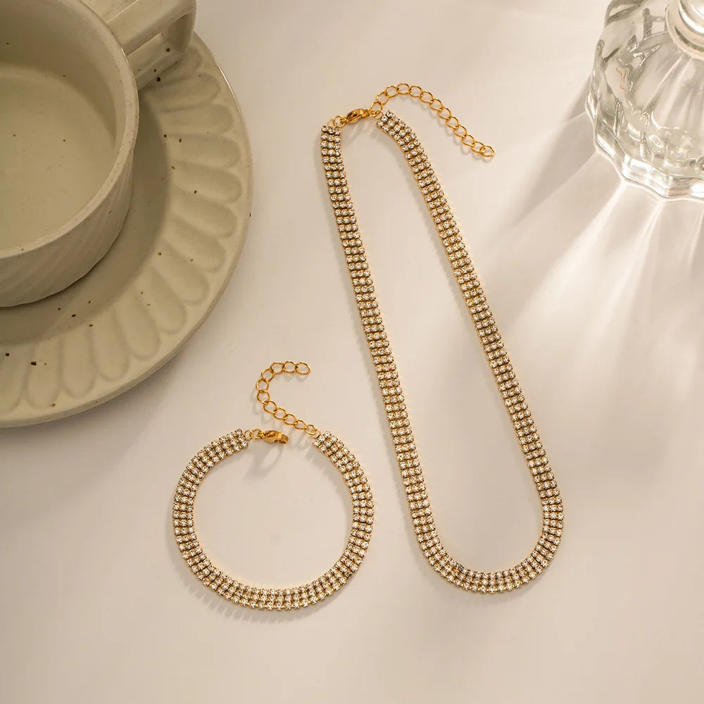 New Luxury Party Jewelry Claw Chain Full Diamond Necklace Bracelet Set Jewelry PVD Gold Plated Stainless Steel Set Jewelry