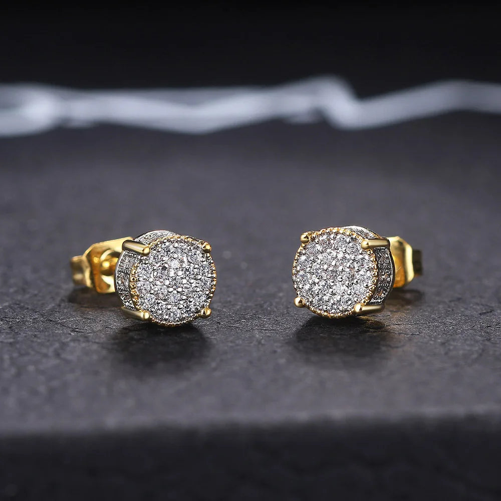 Hip Hop Gold Plated CZ Geometric Earrings Micro Pave Cubic Zirconia Round Stud Earrings Wholesale