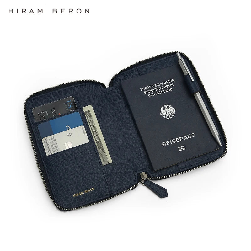 Hiram Beron Italian Leather Passport Cover Leather Zipper Wallet Navy Custom Brand case Travel Wholesale