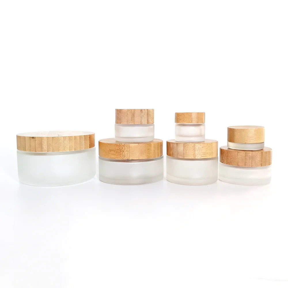 Cosmetic Cream Jar Bamboo Lid 5g 15g 30g 50g 100g 200g Frosted Glass Jar with Bamboo Lid M888