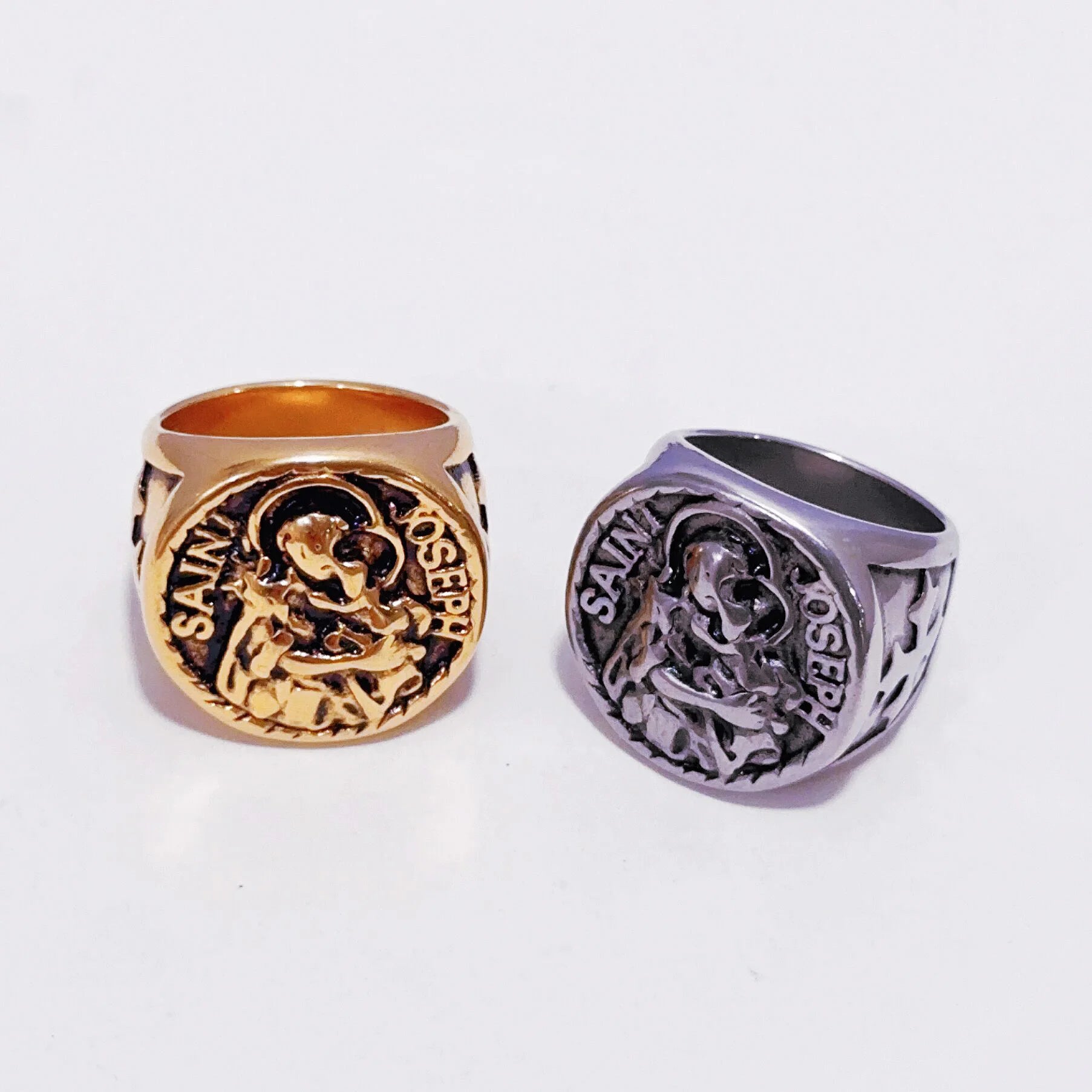 Men Gold Plated Stainless Steel Catholic Jesus Saint Joseph Exorcism Signet Ring Cross Band Ring Custom Jewelry Rings
