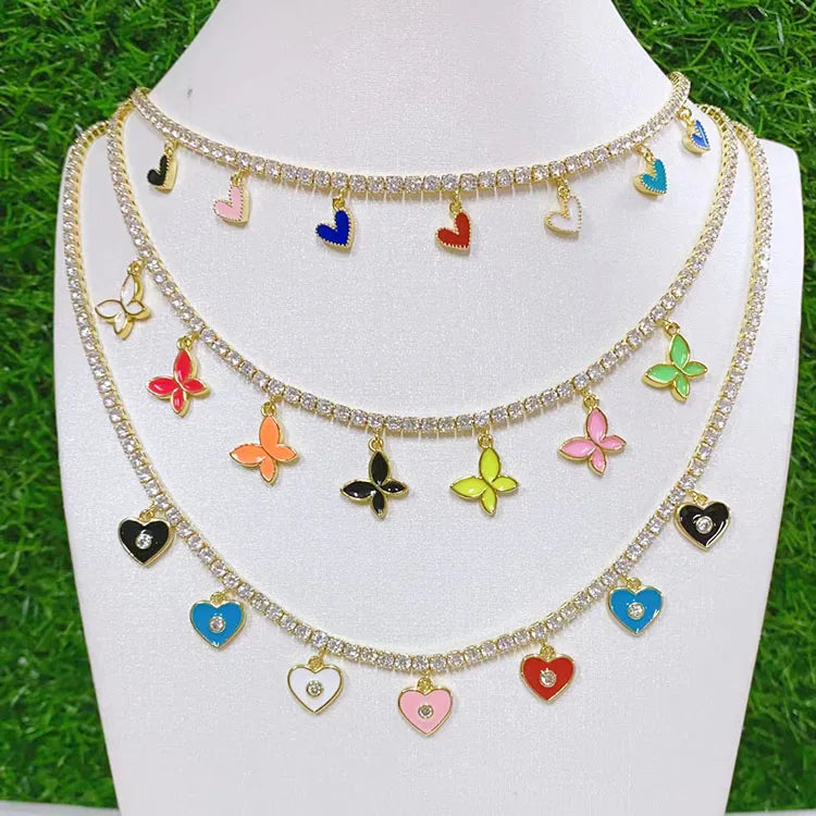 NZ1249 18k Gold Plated Enamel Multicolor Evil Eyes Heart Star Dangle Charms Station CZ Diamond Tennis Chocker Necklace