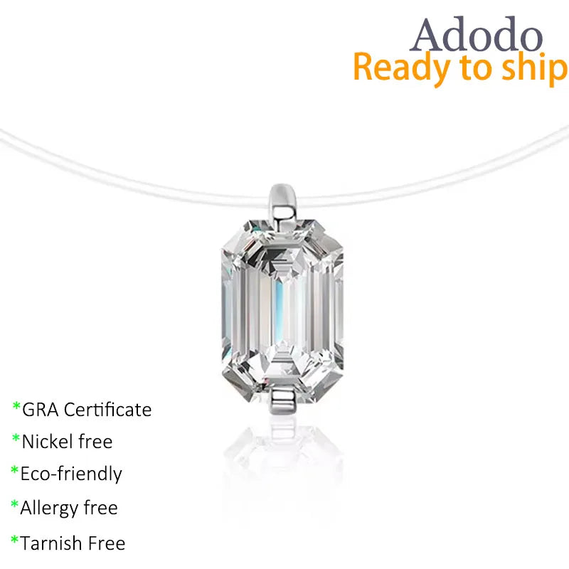 Women Jewelry Simple Transparent Invisible Fishing Line Silver 925 Rectangular Emerald VVS Moissanite Pendant Necklace for Girl