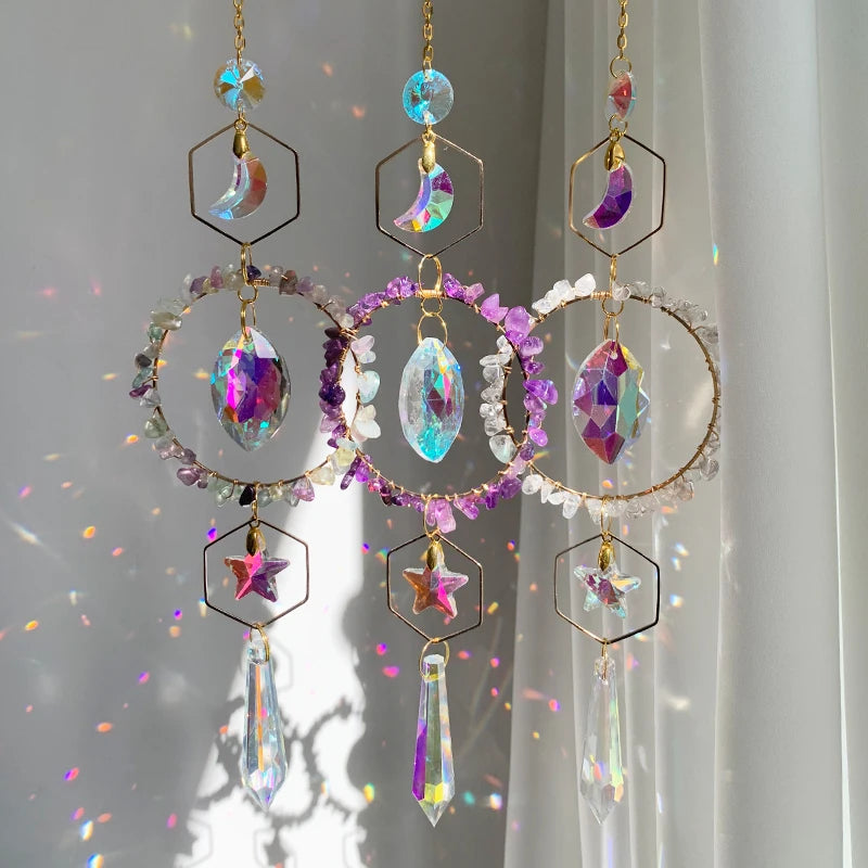 Natural Crystal Sun Catcher Gemstone Stained Glass Crystal Hanging Crystal Circle Moon Stars Suncatchers