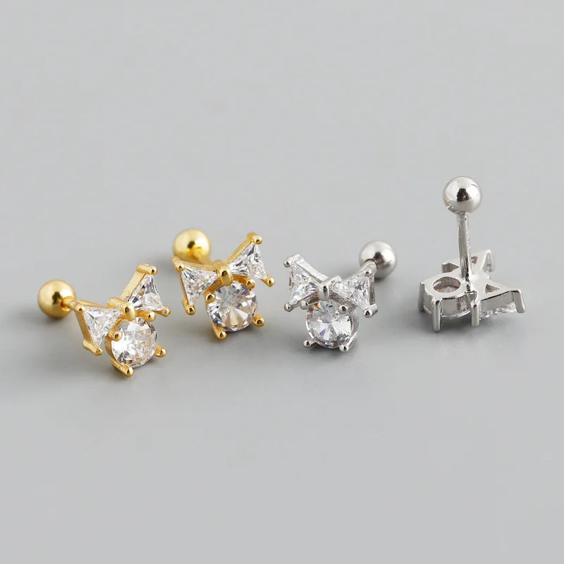 Cute Design 925 Sterling Silver Zircon Bowknot Screw Stud Earrings S925 Girl Women