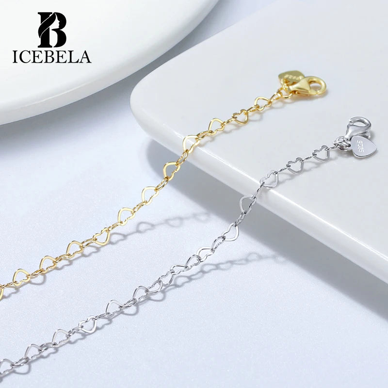 ICEBELA Summer Beach Jewelry Gold Plated Anklet Bracelet Women 925 Sterling Silver Adjustable Rolo Heart Link Chain Anklets